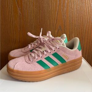 adidas Pink Suede Platform Sneakers with Green Stripes and Gum Sole